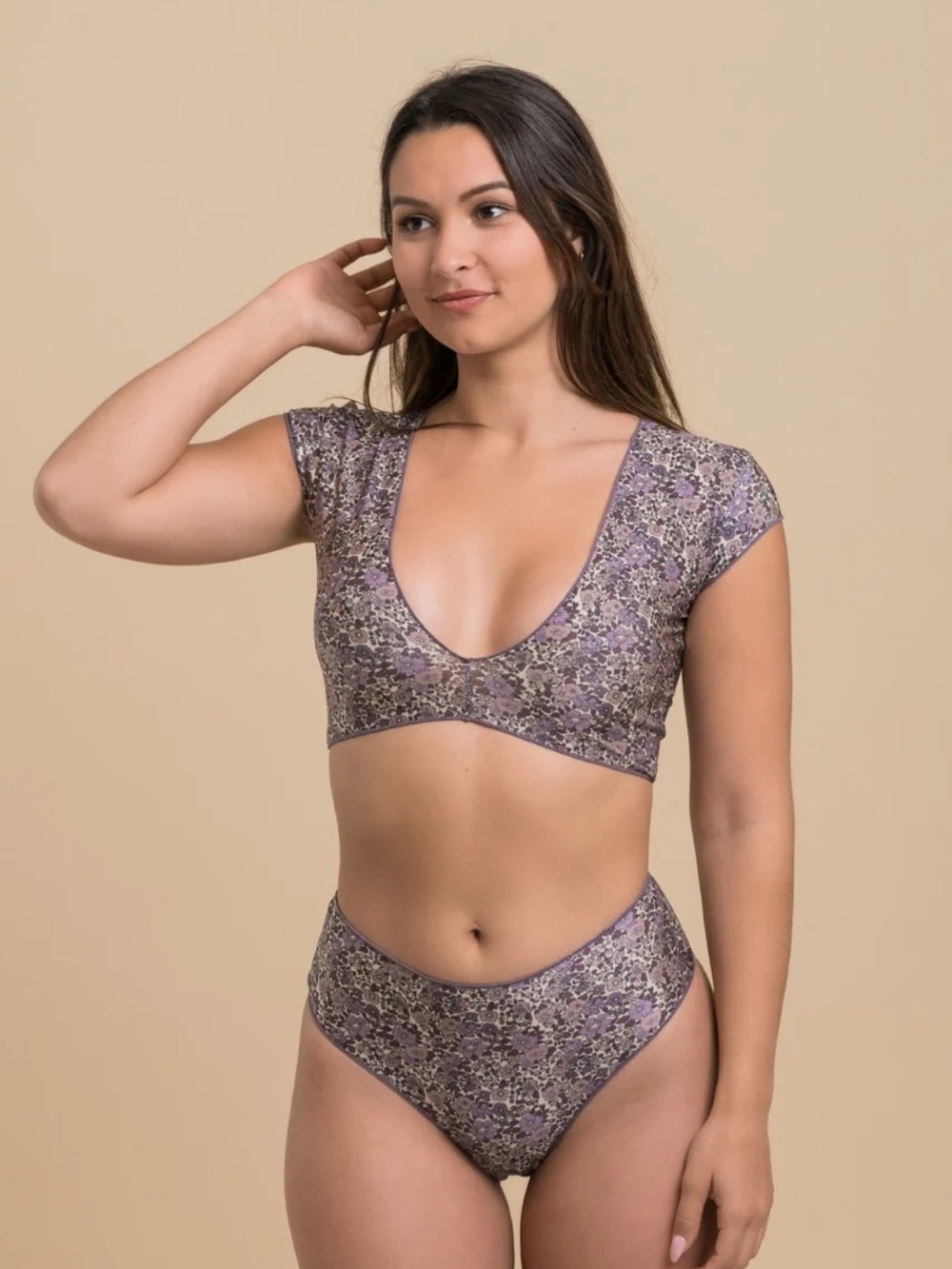 NWOT -Caevita French Floral Tan -Through Tec 2 Piece Bathingsuit Set